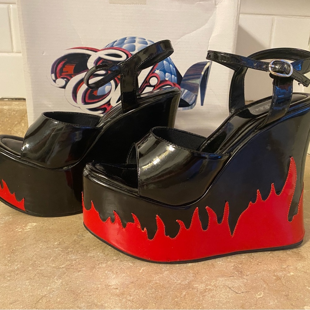 Black and Red Flame Wedge Sandals w/ flaws